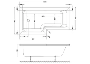 1600mm - L Shape Left Hand Contemporary Square Shower Bath Tub with Leg Set