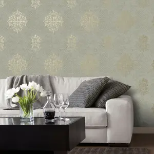 Lustre Collection Metallic Embossed Damask Wallpaper Roll