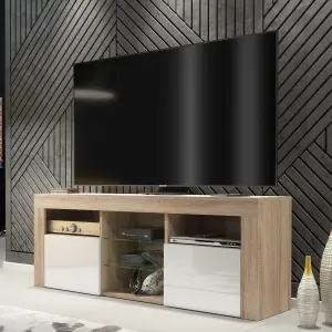 TV Unit 145cm Modern Oak with High Gloss White Doors - Creative Furniture