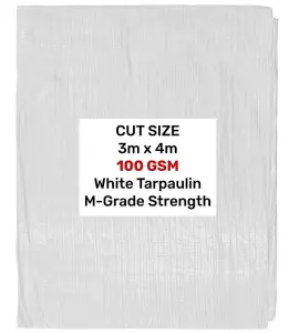 Heavy duty waterproof white tarpaulin ground sheet general cover protection 100G 3m x 4m