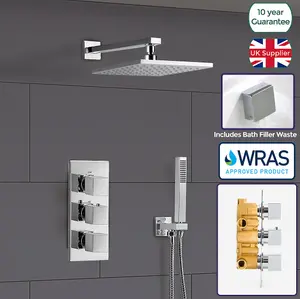 Nes Home Olive 3 Way Square Concealed Thermostatic Mixer Valve Hand Held Bath Shower Kit