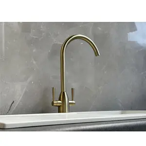 Liquida W05BG Swan Neck Monobloc Twin Lever Brushed Gold Kitchen Mixer Tap