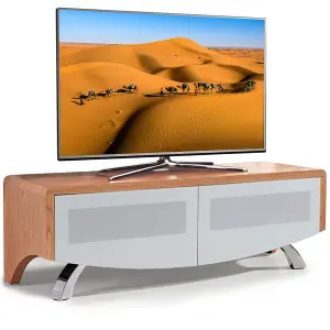 MDA Designs WAVE 1200 Oak with White Glass Hybrid BeamThru Remote-Friendly 32"-60" Flat Screen Tv Cabinet