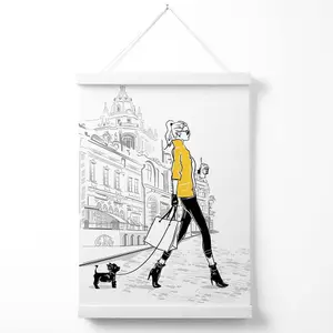 Paris Street Girl with Dog Style and Fashion Sketch Poster with Hanger / 33cm / White