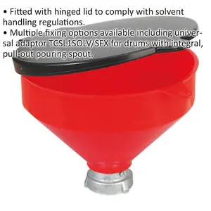 Premium Solvent Safety Funnel with Hinged Lid - 2" Female Fitting for Safe Fluid Transfer