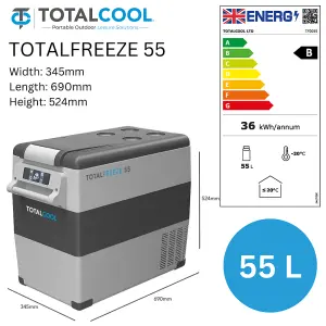 Totalfreeze Portable Fridge Freezer - 12V 24V Volt Outdoor Van Fridge - App Contolled Dual Zone Car Refrigerator - 55 Litre