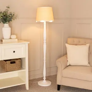 ValueLights Victoria White Wood Floor Lamp with Linen Scallop White Trim Tapered Shade & Bulb