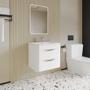 Wall Hung 2 Drawer Bathroom Vanity Unit with Polymarble Basin - 600mm - Gloss White