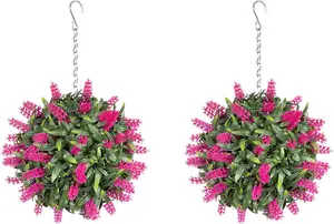 Pair of Best Artificial 24cm Pink Lush Lavender Hanging Basket Flower Topiary Ball - Weather & Fade Resistant