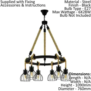 6 Bulb Ceiling Pendant & 2x Matching Wall Lights Black Rope Trendy Feature Lamp