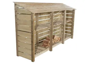 Slatted wooden log store with kindling shelf W-335cm, H-180cm, D-88cm - natural (light green) finish