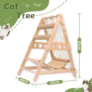 Wooden Cat Tower for Indoor Cats with Hammock Straching Post Climbing Web