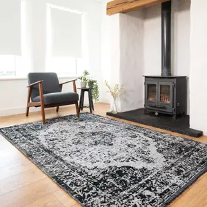 Black Grey Distressed Traditional Medallion Reversible Chenille Area Rug 115x170cm