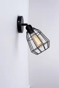 Caged Wall Light, E27/ES Cap, On and Off Switch Black Vintage Finish, LED Compatible