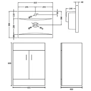 Bubly Bathrooms™600mm Vanity Unit and Close Coupled D-Shape WC Dual Flush Toilet Chrome Tap & Waste Set