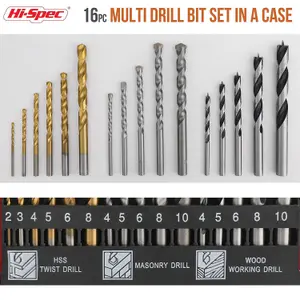 Hi-Spec 16pc Compact Multi Steel Drill Bit With Box Case Set. HSS Titanium Coated, Brad Points & Masonry Mixed Drill Bits