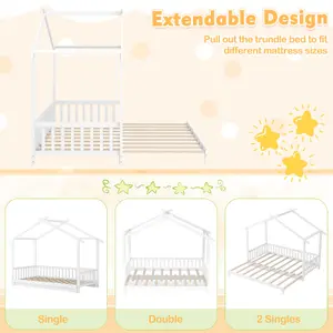 COSTWAY Single to Double Kids Bed Frame Wooden Extendable House Bed w/ Roof Frame