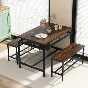 COSTWAY 3 PCS Kitchen Dining Table Set for 4 Wooden Kitchen Table W/ 2 Benches