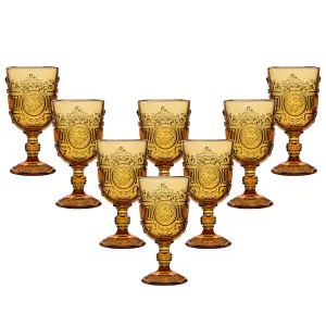 Set of 8 Vintage Luxury Amber Embossed Drinking Wine Glass Goblets Gifts Ideas 300ml