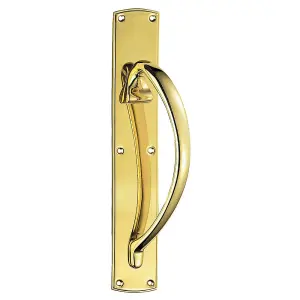 Right Handed Curved Door Pull Handle 457 x 75mm Backplate Polished Brass