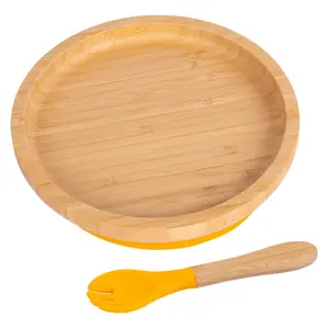 Bamboo Round Baby Weaning Plate & Fork Set - Yellow