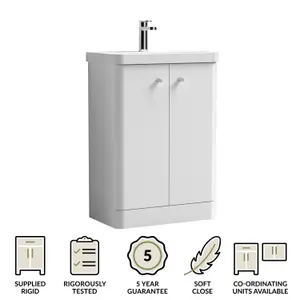 Floor Standing 2 Door Vanity Unit with Ceramic Basin - 600mm - Gloss White -Balterley