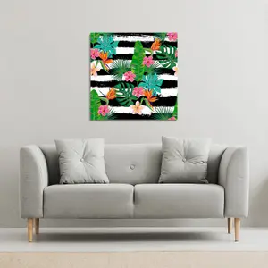 Tropical Plants on Black & White Stripes (Canvas Print) / 90 x 90 x 4cm