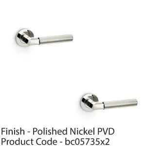 2 PACK - SOLID BRASS Reeded Door Handle Set - Polished Nickel Angled Lever on Round Rose