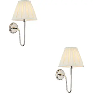 2 PACK Indoor Bright Nickel Plate Wall Light - Cream Fabric Shade - Dimmable 10W LED E27