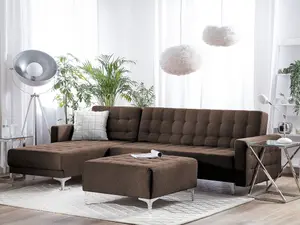 Right Hand Fabric Corner Sofa with Ottoman Brown ABERDEEN