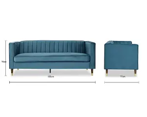 Thomas Velvet Fabric 3 Seater Sofa, Blue