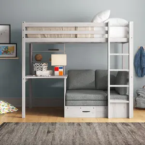 Luper European Single (90 x 200cm) High Sleeper Bunk Bed with Built-in-Desk Grey