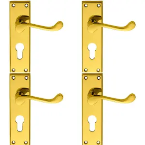 4 PACK - Victorian Scroll Latch & EURO Lock Door Handle Polished Brass Lever on Backplate