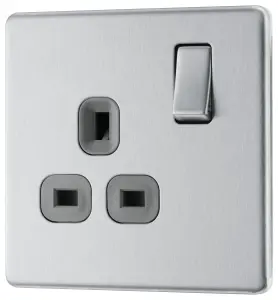 GoodHome Brushed Steel Single 13A Socket & Grey inserts