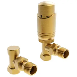 Designer Brushed Brass Thermostatic Radiator Valve Twin Pack TRV Angled