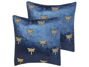 Set of 2 Cushions BLUESTEM Velvet 45 x 45 cm Animal Embroidery Navy Blue