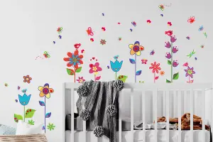 Colorful Flowers Butterflies Decal Wall Stickers Children Kids Girl Wallpaper Stock Clearance