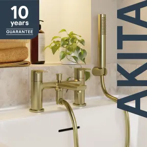 GoodHome Akita Satin Brass effect Deck-mounted Bath mixer tap with shower kit