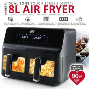 Netta 8l Dual Basket Low Energy Air Fryer With Digital Smart Programmes - 2 Large Drawers, 8 Pre-set Functions, 60 Minute Timer, Xl Family Size Drawer - Black