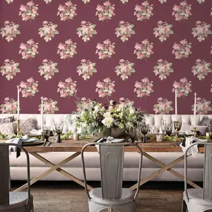 Galerie Secret Garden Cranberry/Pink Floral Bouquet Wallpaper Roll