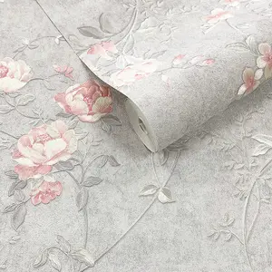 Muriva Pink & Grey Floral Mica effect Embossed Wallpaper