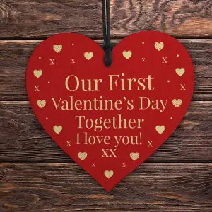 Red Ocean First 1st Valentines Day Together Gift For Boyfriend Girlfriend Red Wooden Heart Sign Novelty Gift For Partner