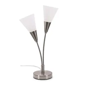 ValueLights Kristina Silver 2 Arm Table Lamp with White Frosted Glass Shades - LED Bulbs Included