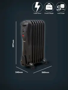 Schallen Oil Filled Radiator 1500W 7 Fin Portable Heater with Thermostat - BLACK