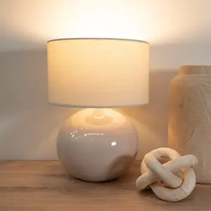 ValueLights Bosco Stone Natural Ceramic Table Lamp with Natural Drum Shade - LED Bulb Included