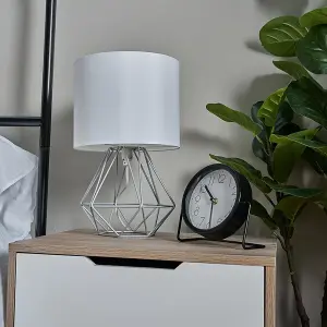 ValueLights Angus Brushed Chrome Metal Basket Cage Bed Side Table Lamp with White Fabric Shade with LED Bulb