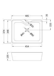 Rectangular 1 Tap Hole Ceramic Countertop Vessel without Overflow - 485mm