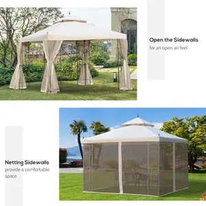 Outsunny 3 x 3(m) Garden Gazebo Double Top Gazebo Canopy w/ Mesh Cream White