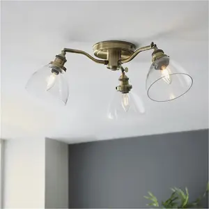 Antique Brass Semi Flush Low Ceiling Light - Clear Multi Arm Glass - 3 X 7W LED E14