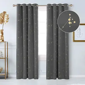 Deconovo Eyelet Blackout Curtains, Gold Constellation Printed Thermal Curtains for Bedroom, 66 x 54 Inch, Light Grey, 2 panels